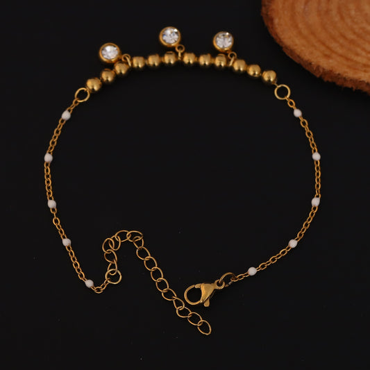 Elora Gold Plated  Beaded  with White Beads & Sparkling Stone Charms Bracelet