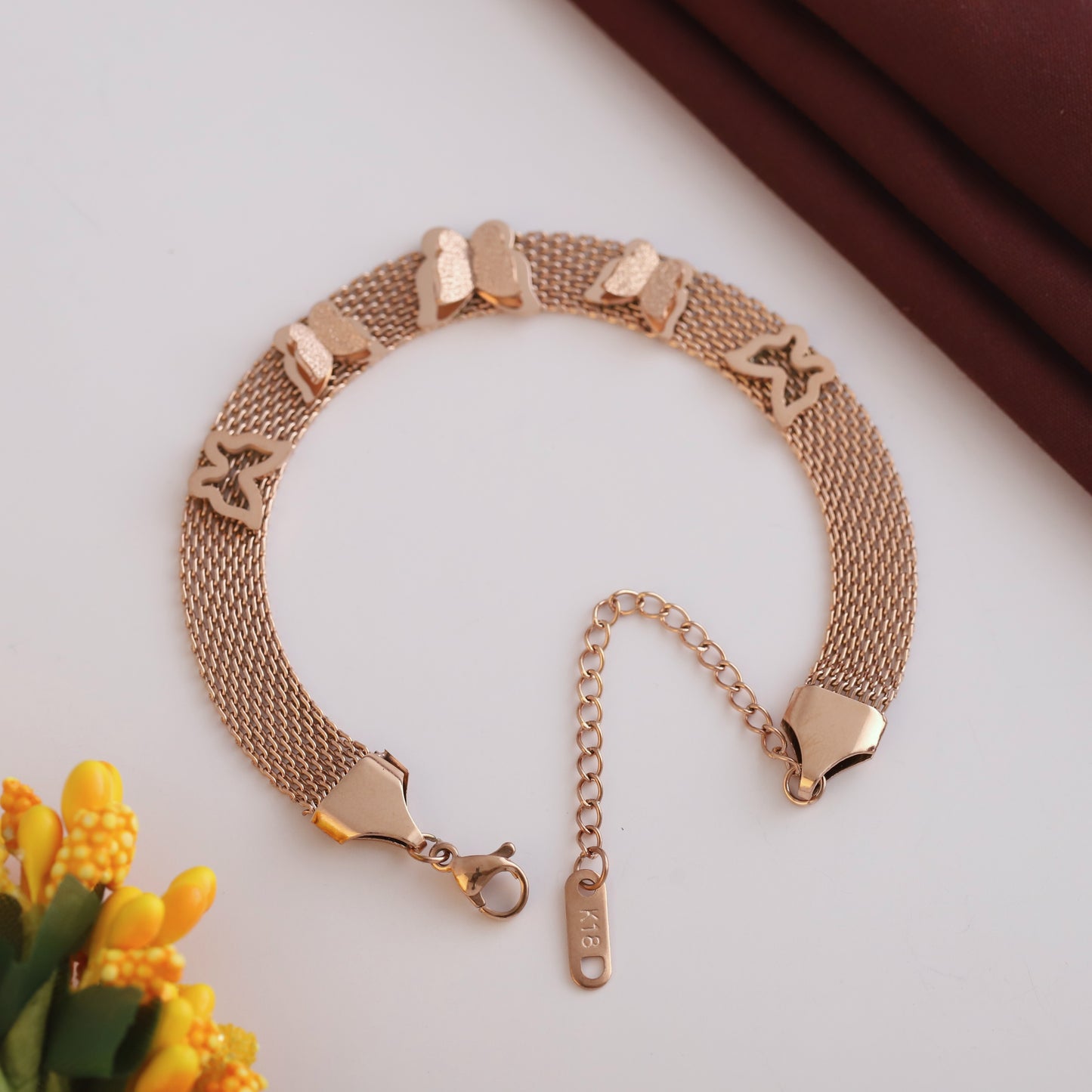 Elora Rose-Gold Mesh Butterfly Charm Bracelet