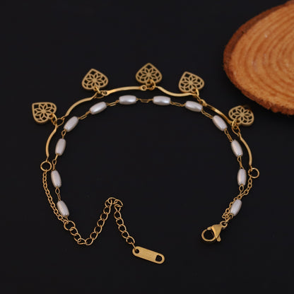 Elora Golden Heart Charm Dual Layer Pearl Bracelet