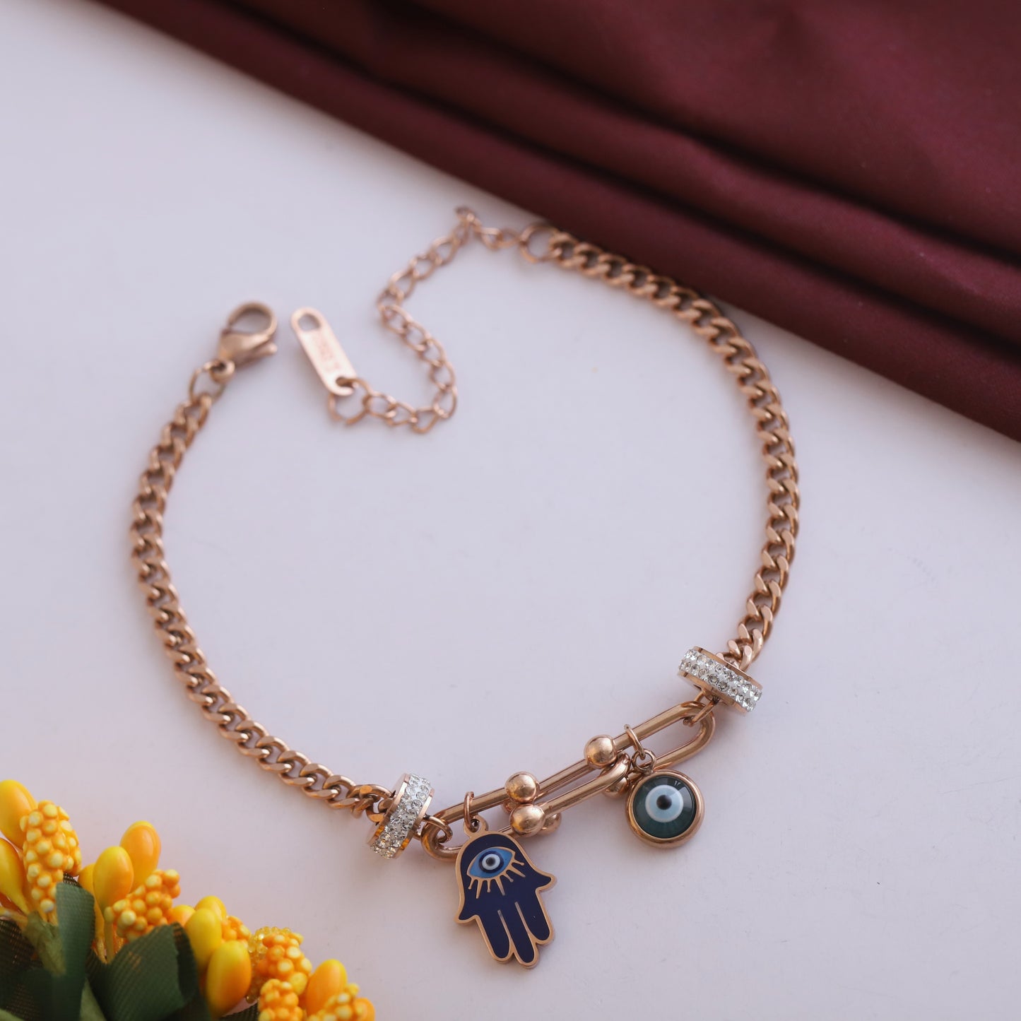 Elora Rose Gold Hamsa & Evil Eye Charm Bracelet