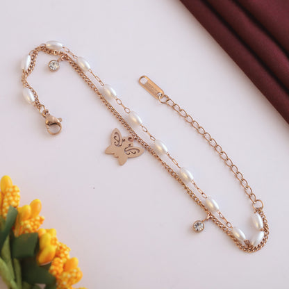 Elora Rose Gold Butterfly & Pearl Charm Bracelet