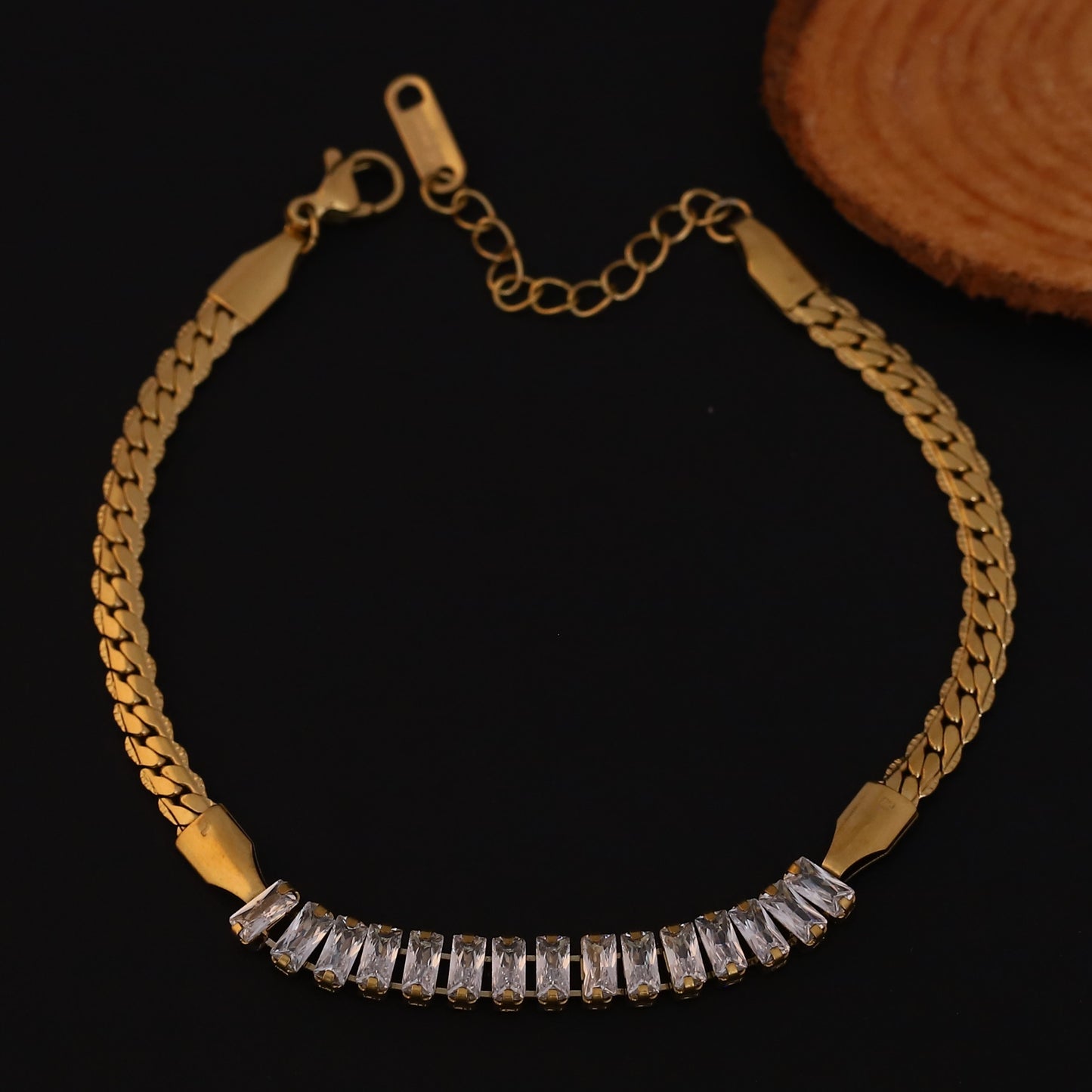 Elora Golden Crystal Bar Bracelet with Curb Chain