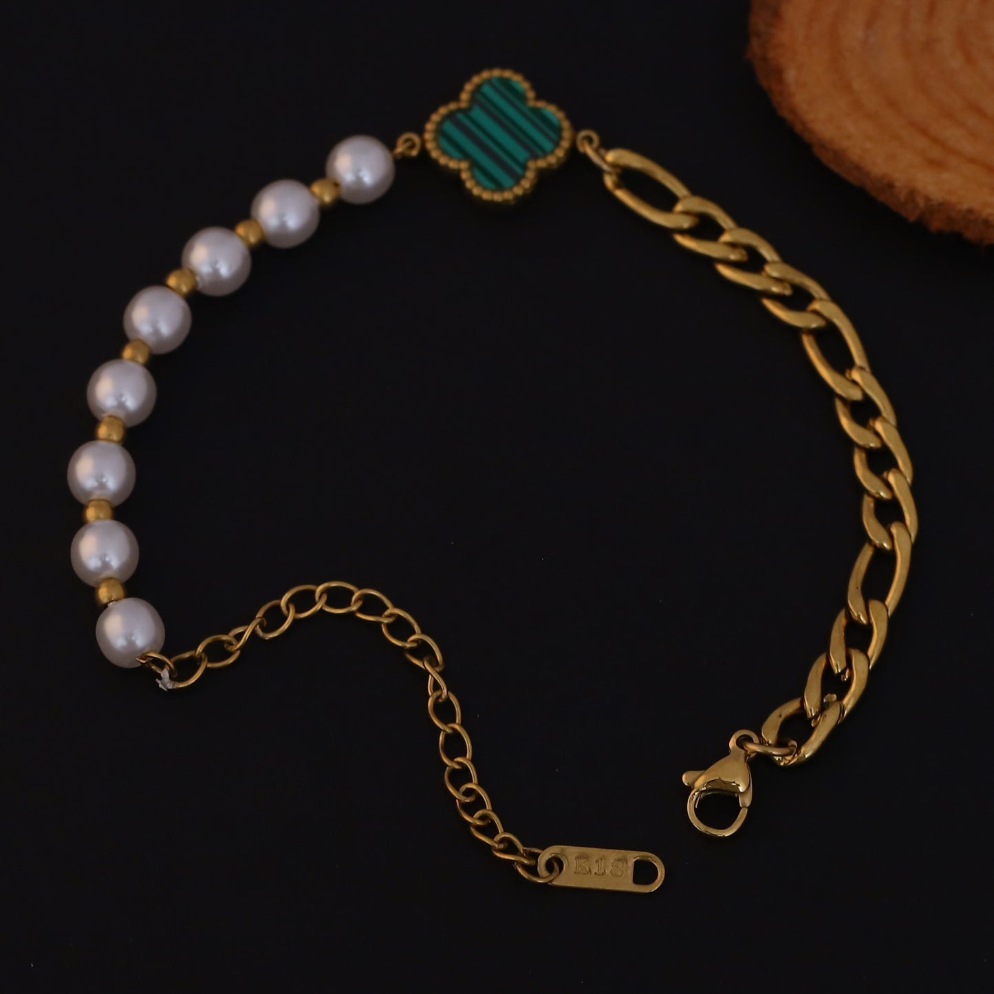 Elora Golden Pearl & Clover Charm Bracelet