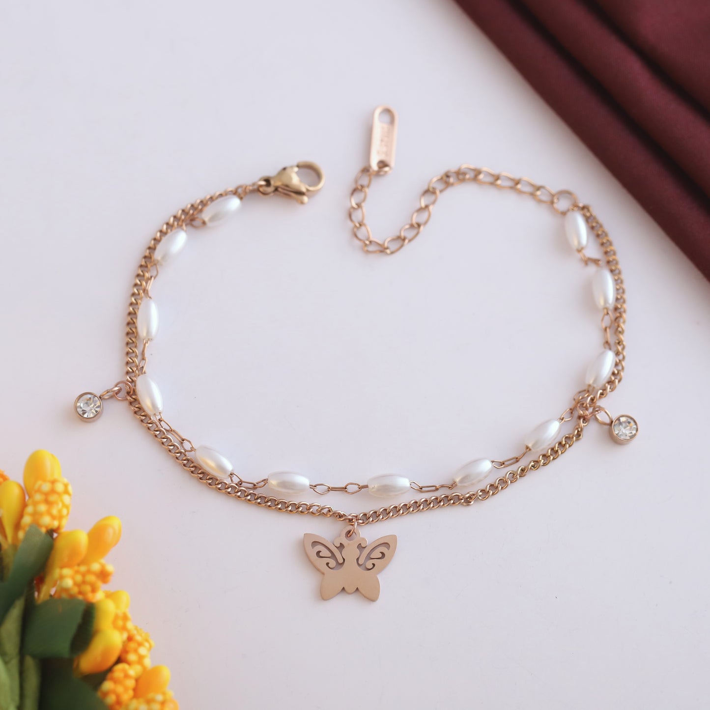 Elora Rose Gold Butterfly & Pearl Charm Bracelet
