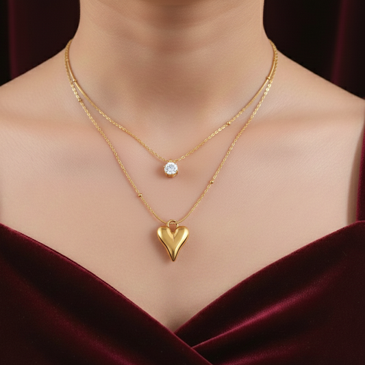 Elora Gold Plated Dual Heart & Solitaire Layered Necklace