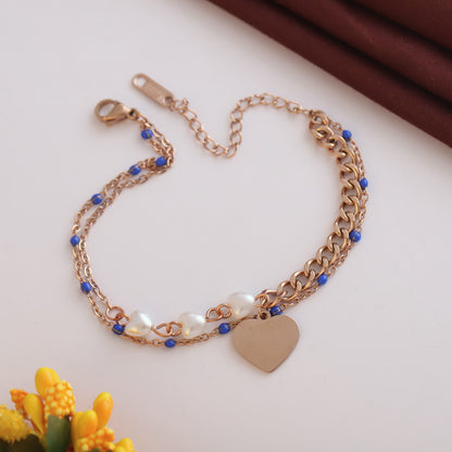 Elora Rose Gold Heart Charm Pearl & Bead Chain Bracelet