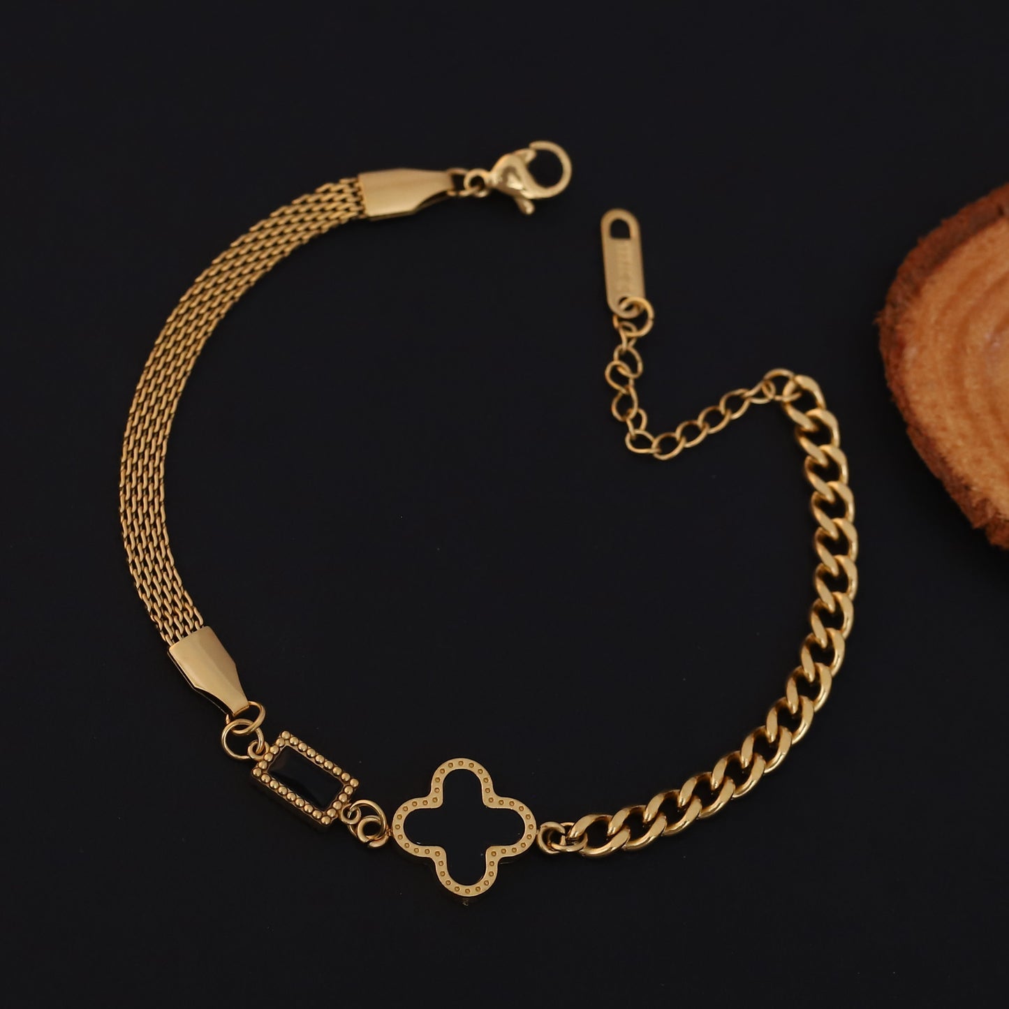 Elora Golden Dual Chain Bracelet with Hollow Clover Charm