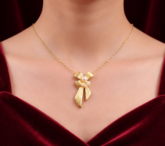 Elora Gold Plated Aurielle Bow Pearl Pendant Necklace