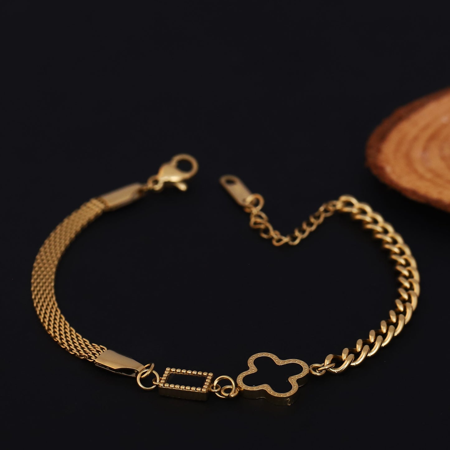 Elora Golden Dual Chain Bracelet with Hollow Clover Charm