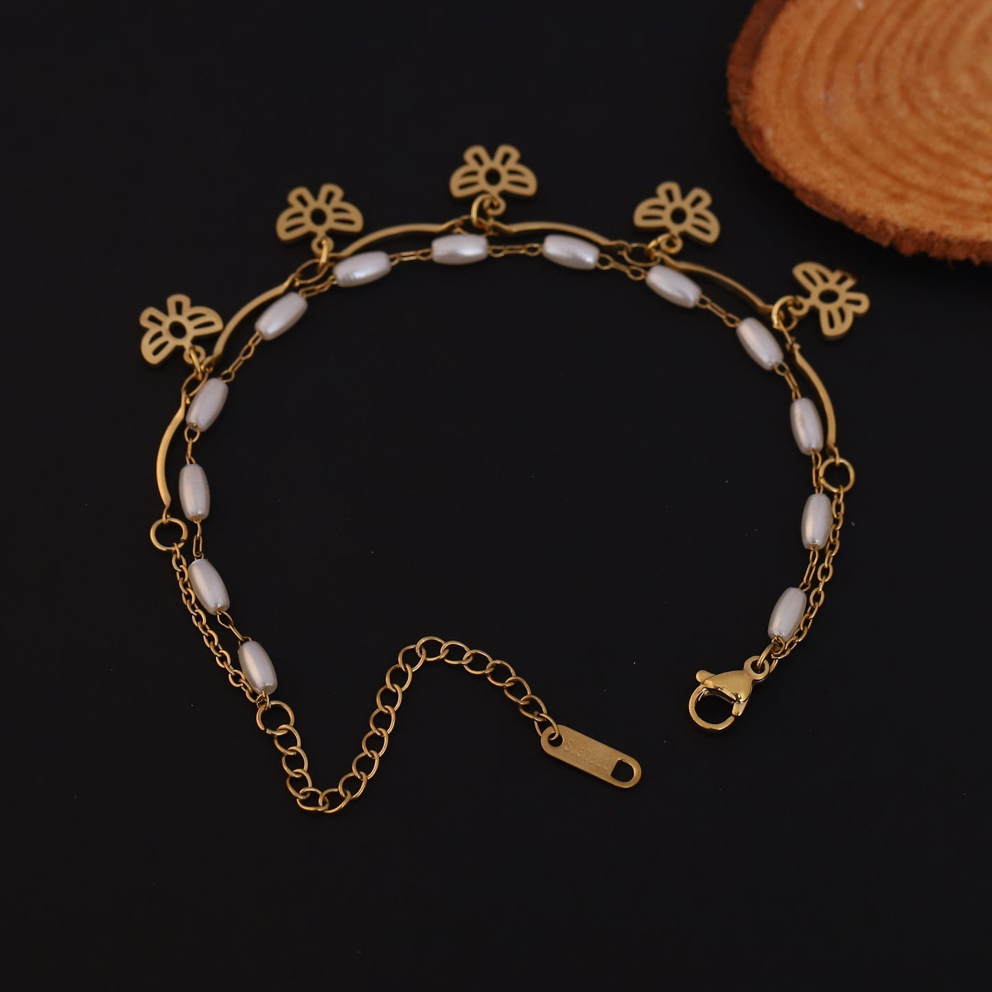 Elora Golden Butterfly Charm Dual Layer Pearl Bracelet