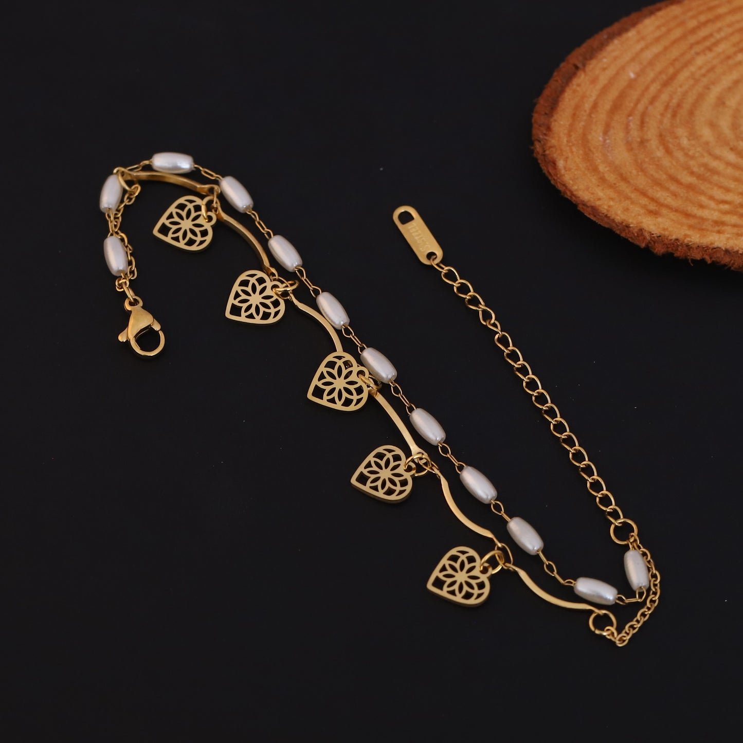 Elora Golden Heart Charm Dual Layer Pearl Bracelet
