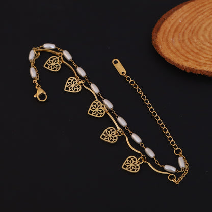 Elora Golden Heart Charm Dual Layer Pearl Bracelet