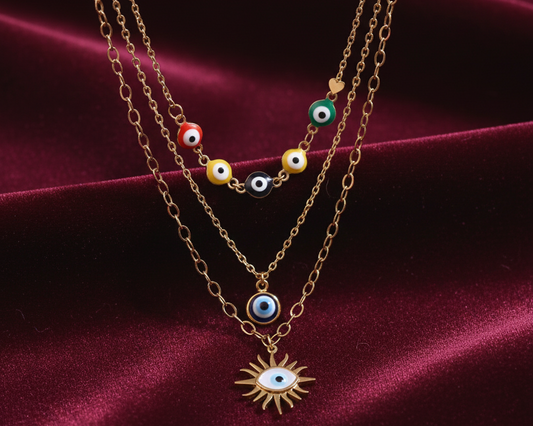Elora Evil Eye Multi-Layered Necklace Set with Sun Pendant & Stud Earrings