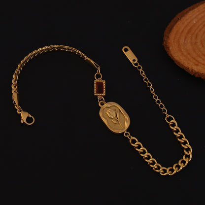 Elora Golden Engraved Coin Bracelet with Red Stone Accent
