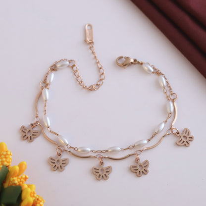 Elora Rose-Gold Butterfly Charm & Pearl Bead Bracelet