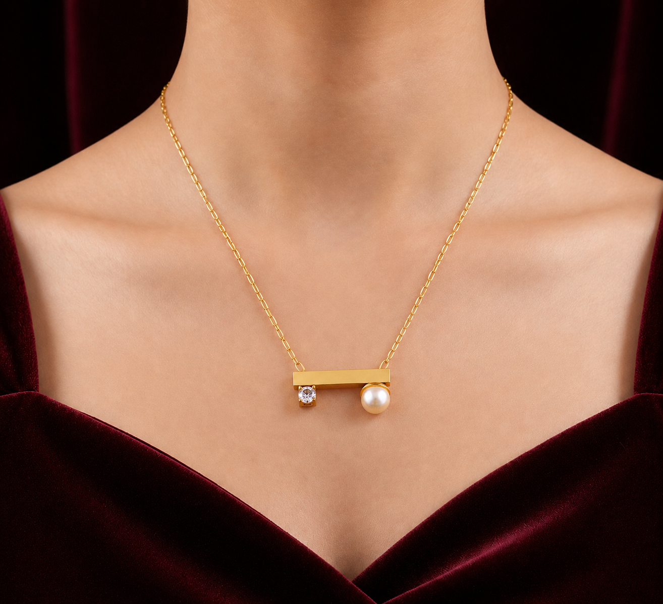 Elora Elegant Dual Charm Gold Bar Necklace with Pearl & Crystal Accent