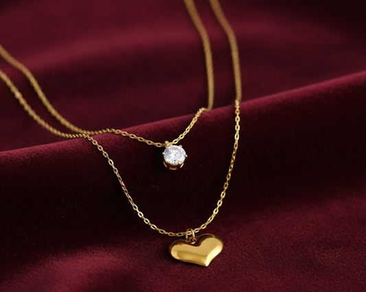 Elora Gold Plated Dual Heart & Solitaire Layered Necklace
