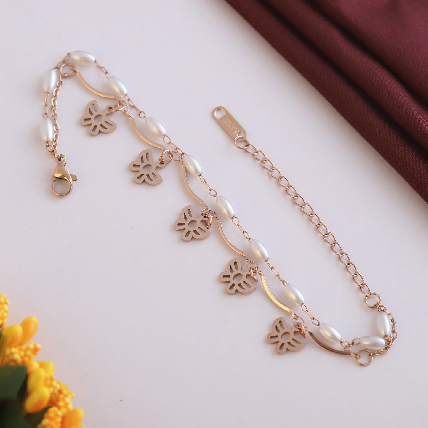 Elora Rose-Gold Butterfly Charm & Pearl Bead Bracelet