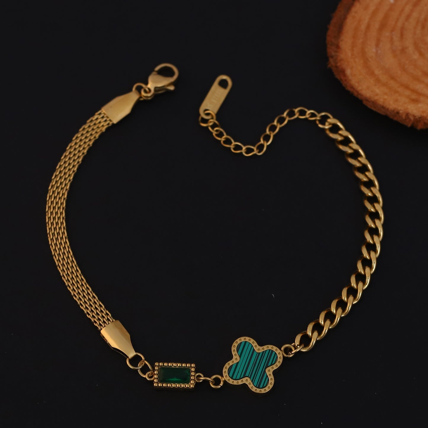 Elora Golden Dual Chain Bracelet with Green Charm Accents