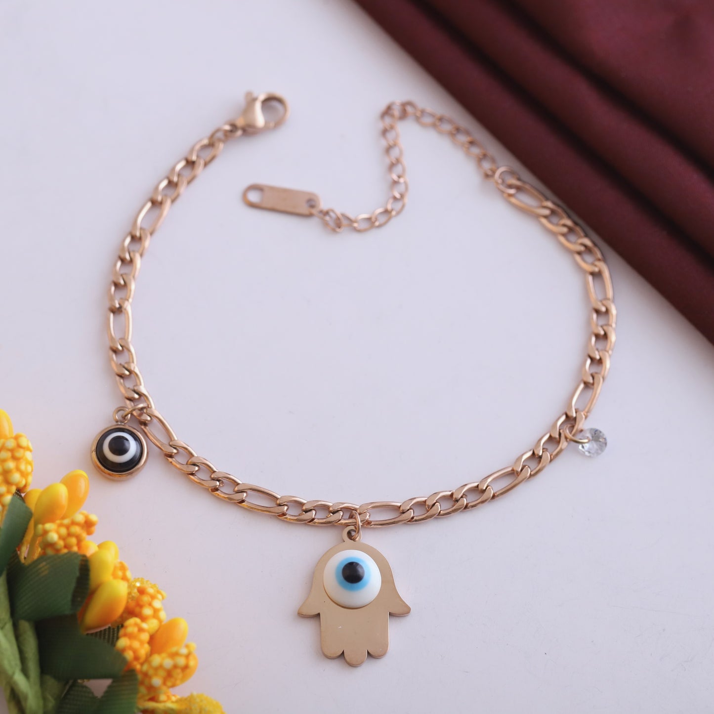 Elora Rose Gold Plated Hamsa Evil Eye Protection Bracelet