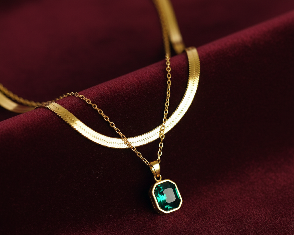 Elora gold plated Regal Emerald Herringbone Layer Necklace