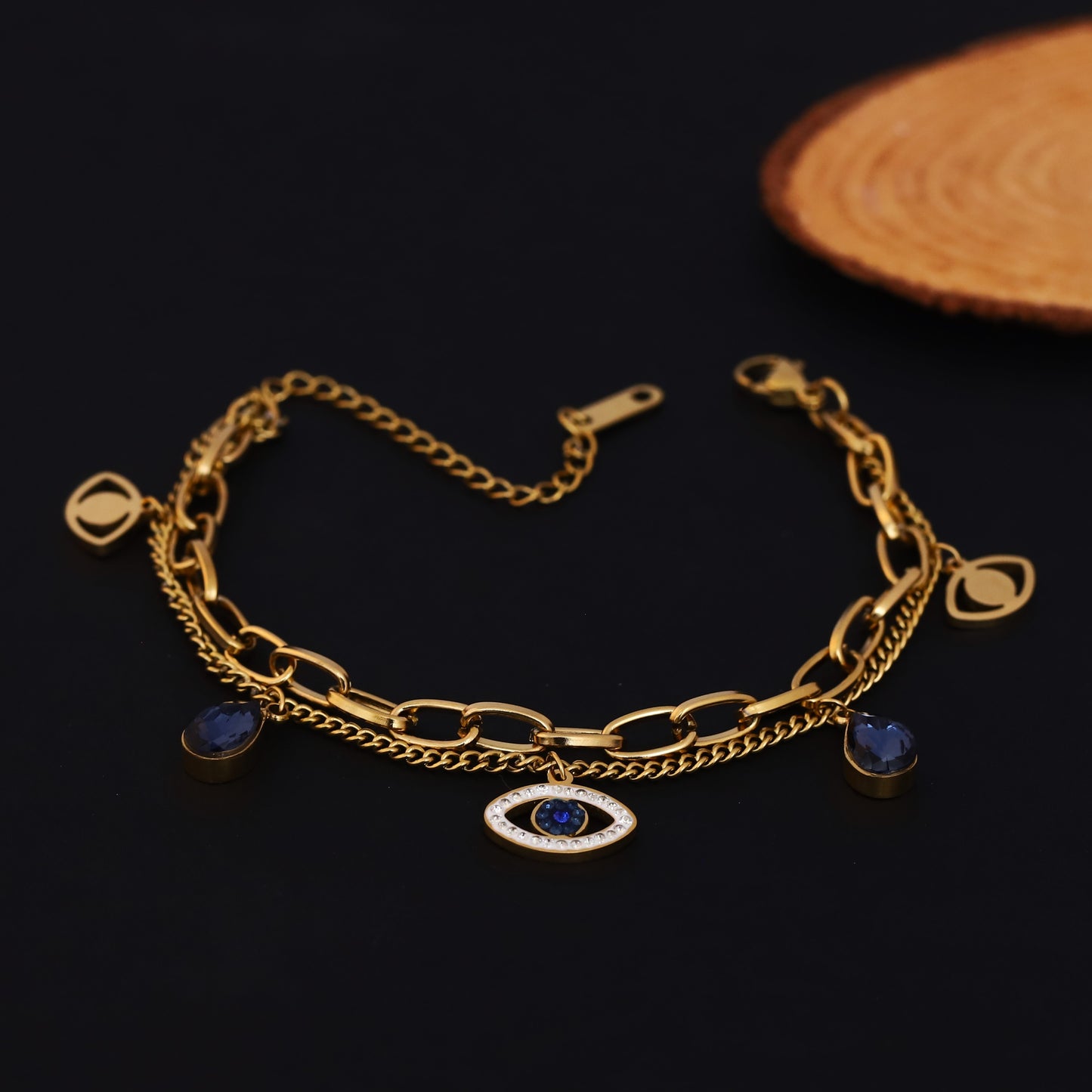 Elora Evil Eye Charm Dual Chain Gold-Plated Bracelet