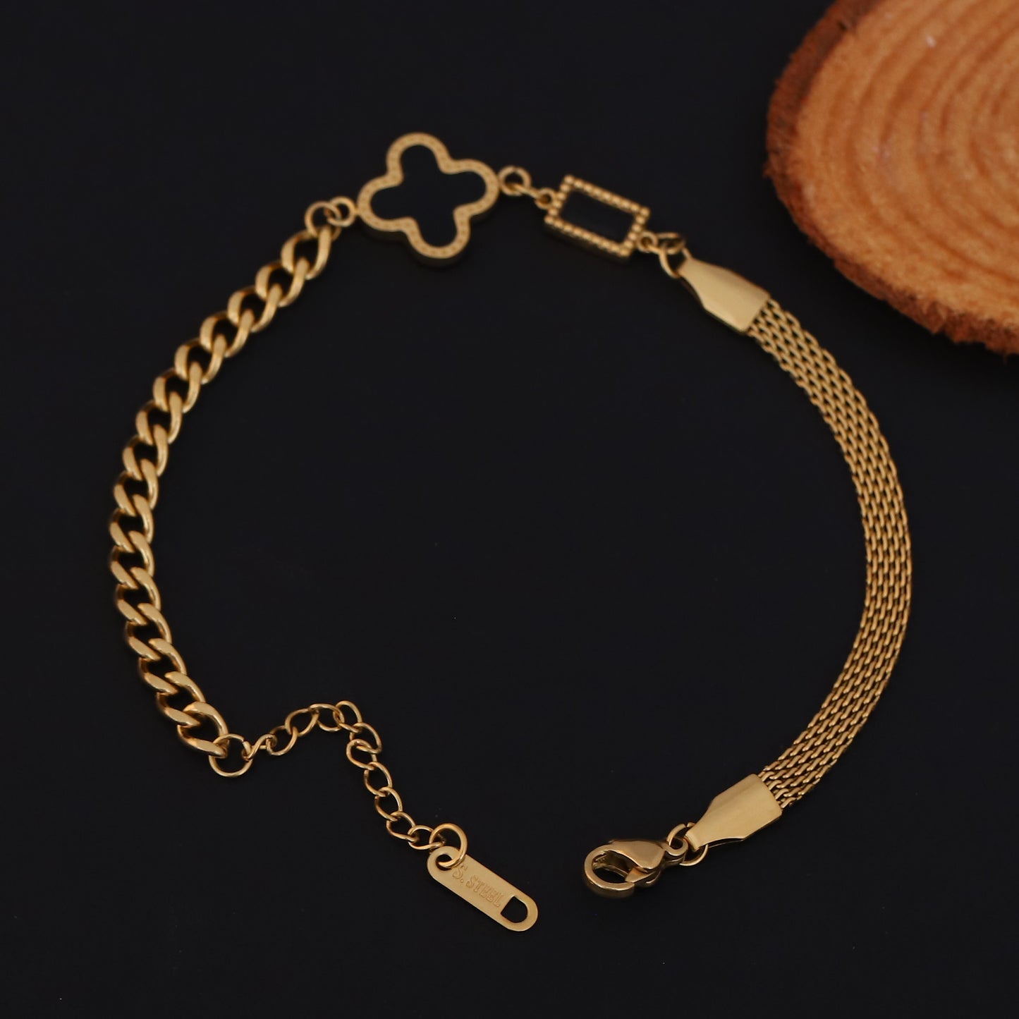 Elora Golden Dual Chain Bracelet with Hollow Clover Charm