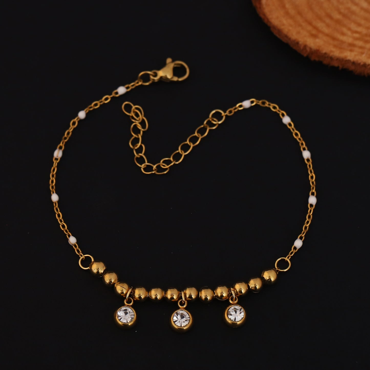 Elora Gold Plated  Beaded  with White Beads & Sparkling Stone Charms Bracelet