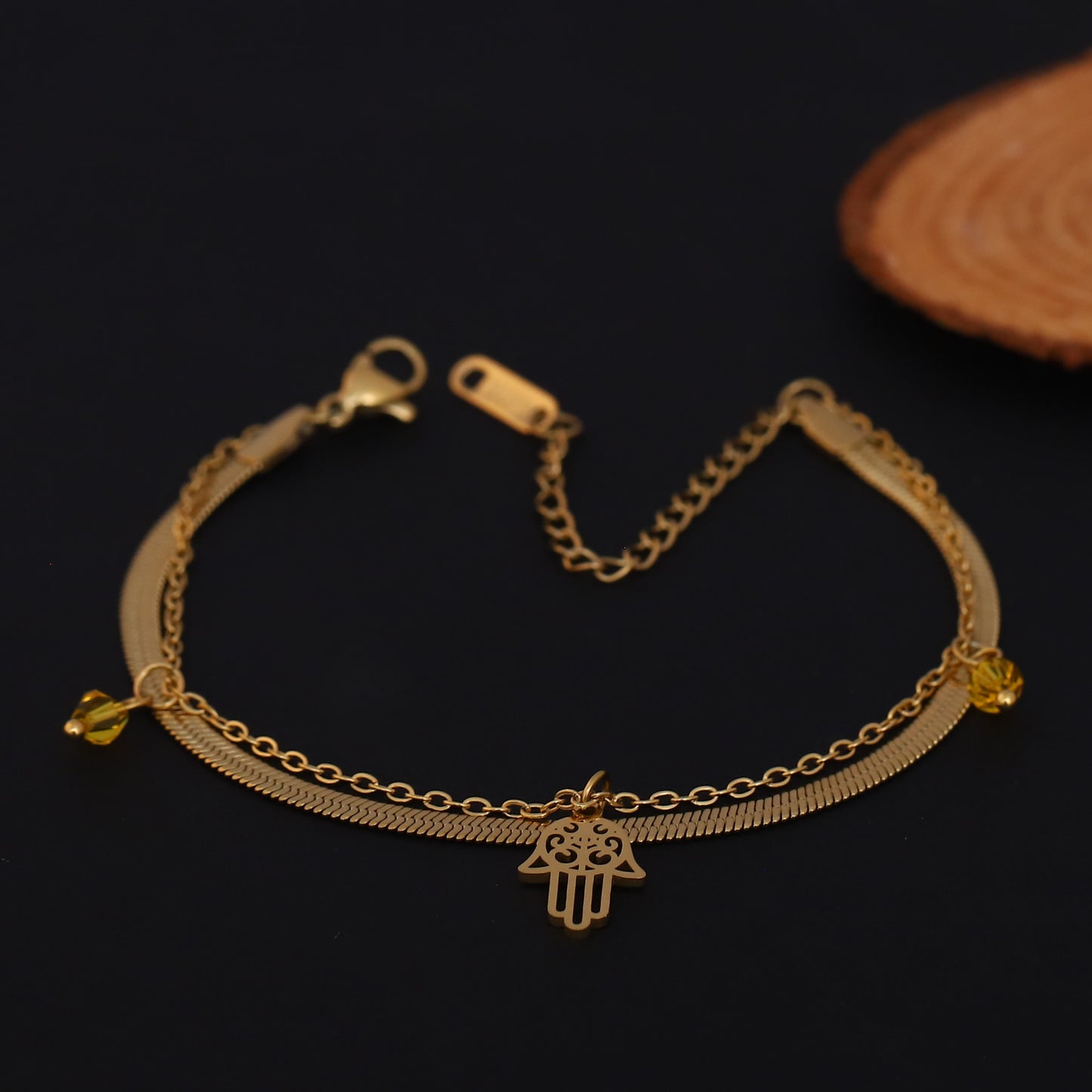 Elora Hamsa Harmony Dual Chain Bracelet – Gold Plated  Aura Edition