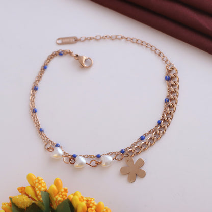 Elora Rose Gold Pearl & Clover Charm Bracelet