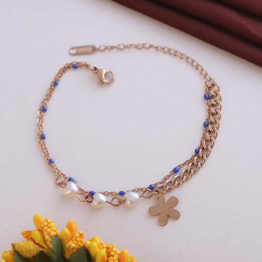 Elora Rose Gold Pearl & Clover Charm Bracelet