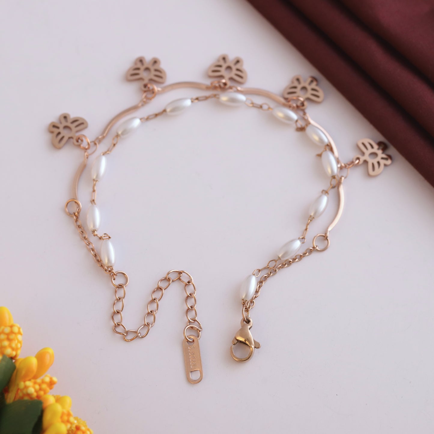 Elora Rose-Gold Butterfly Charm & Pearl Bead Bracelet