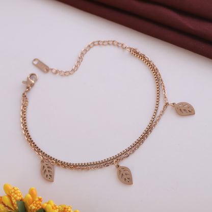 Elora Rose -Gold Plated Leaf Charm Double Chain Bracelet