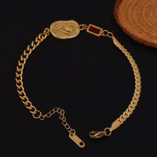 Elora Golden Engraved Coin Bracelet with Red Stone Accent