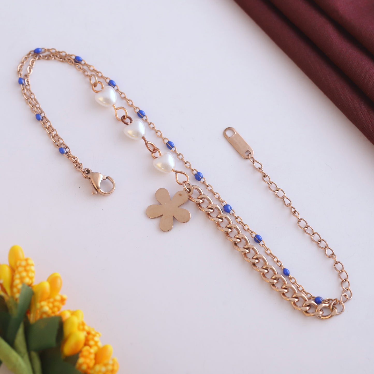Elora Rose Gold Pearl & Clover Charm Bracelet