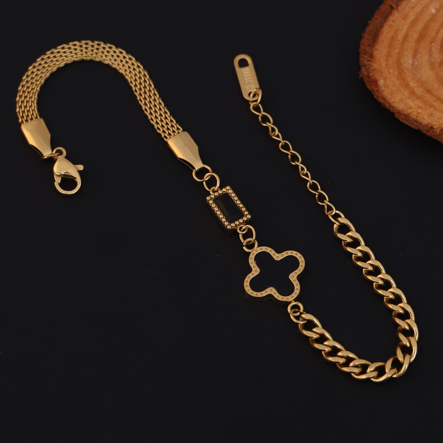 Elora Golden Dual Chain Bracelet with Hollow Clover Charm