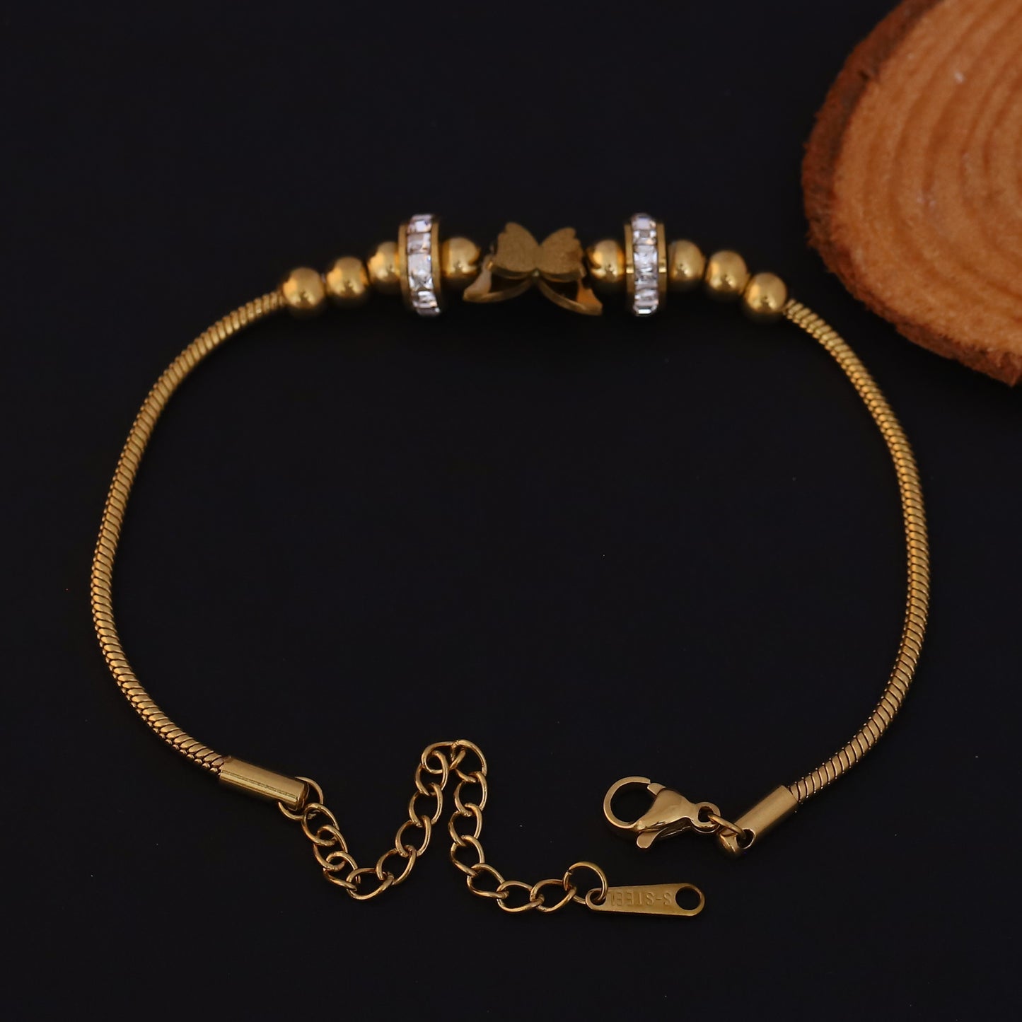 Elora Golden Butterfly Bead Bracelet with Crystal Rings