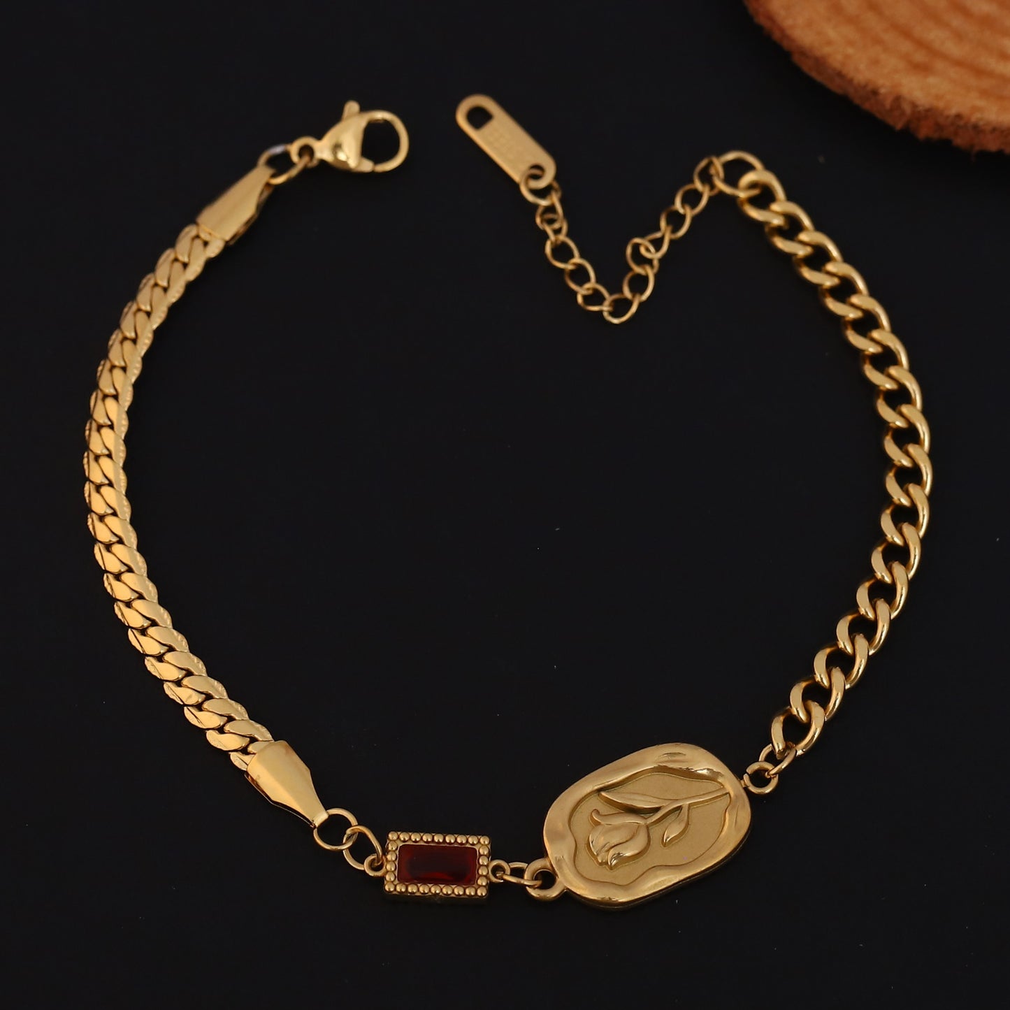 Elora Golden Engraved Coin Bracelet with Red Stone Accent