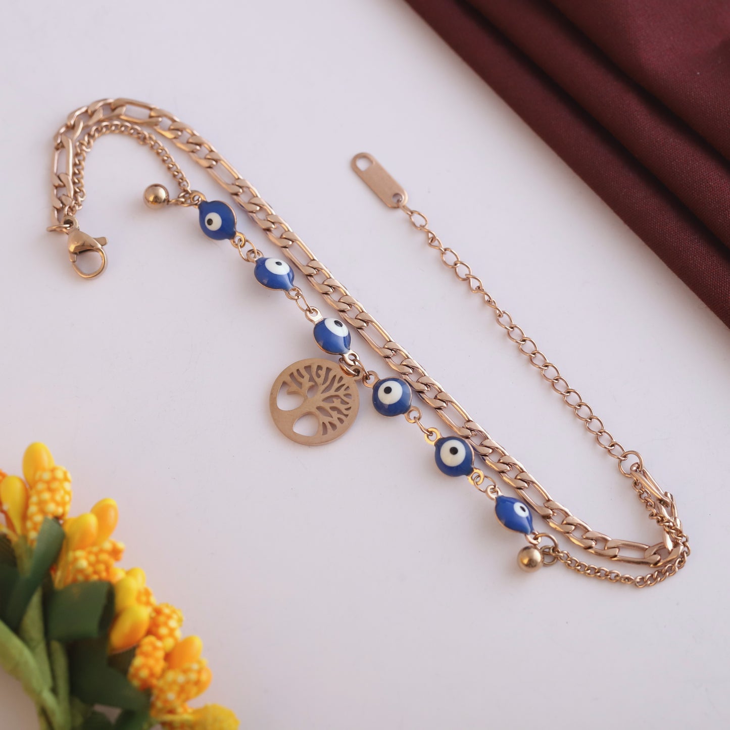 Elora Rose-Gold Evil Eye Bead & Tree of Life Charm Bracelet