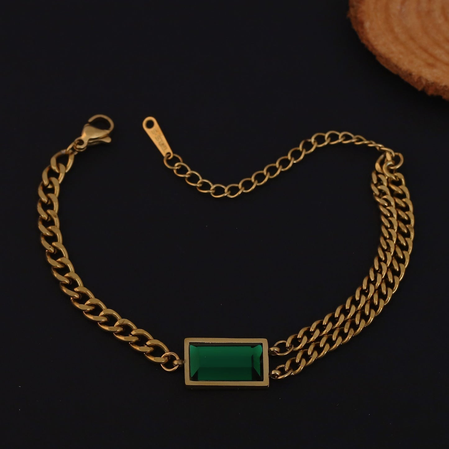 Elora Golden Green Stone Dual Chain Bracelet