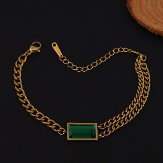 Elora Golden Green Stone Dual Chain Bracelet
