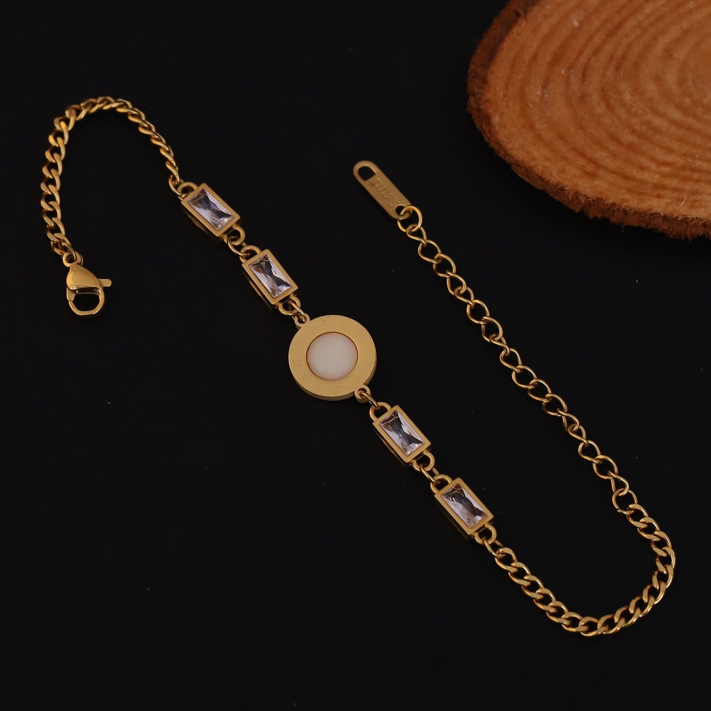 Elora Golden Roman Dial Bracelet with White Stone & Crystal Accents