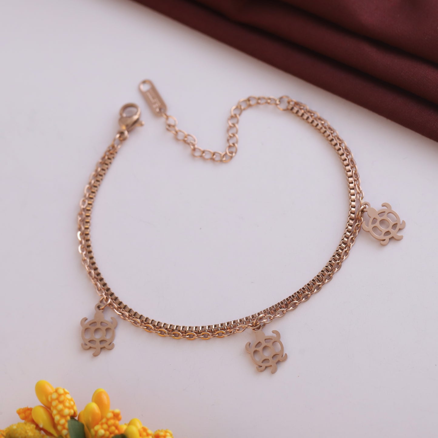 Elora Rose-Gold Turtle Charm Double Chain Bracelet