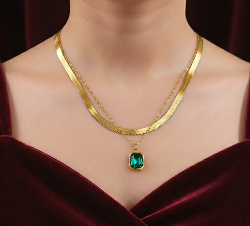 Elora gold plated Regal Emerald Herringbone Layer Necklace