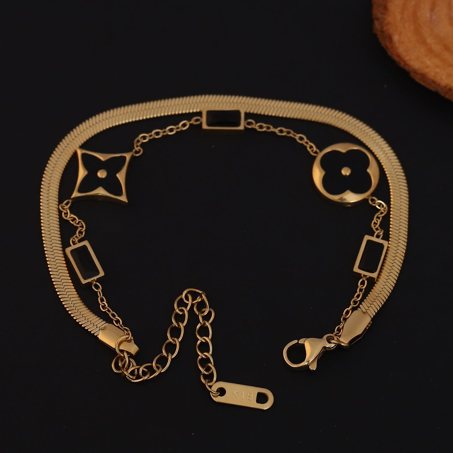 Elora Noir Elegance Dual Chain Bracelet – Luxe Clover Edition