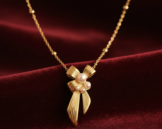 Elora Gold Plated Aurielle Bow Pearl Pendant Necklace