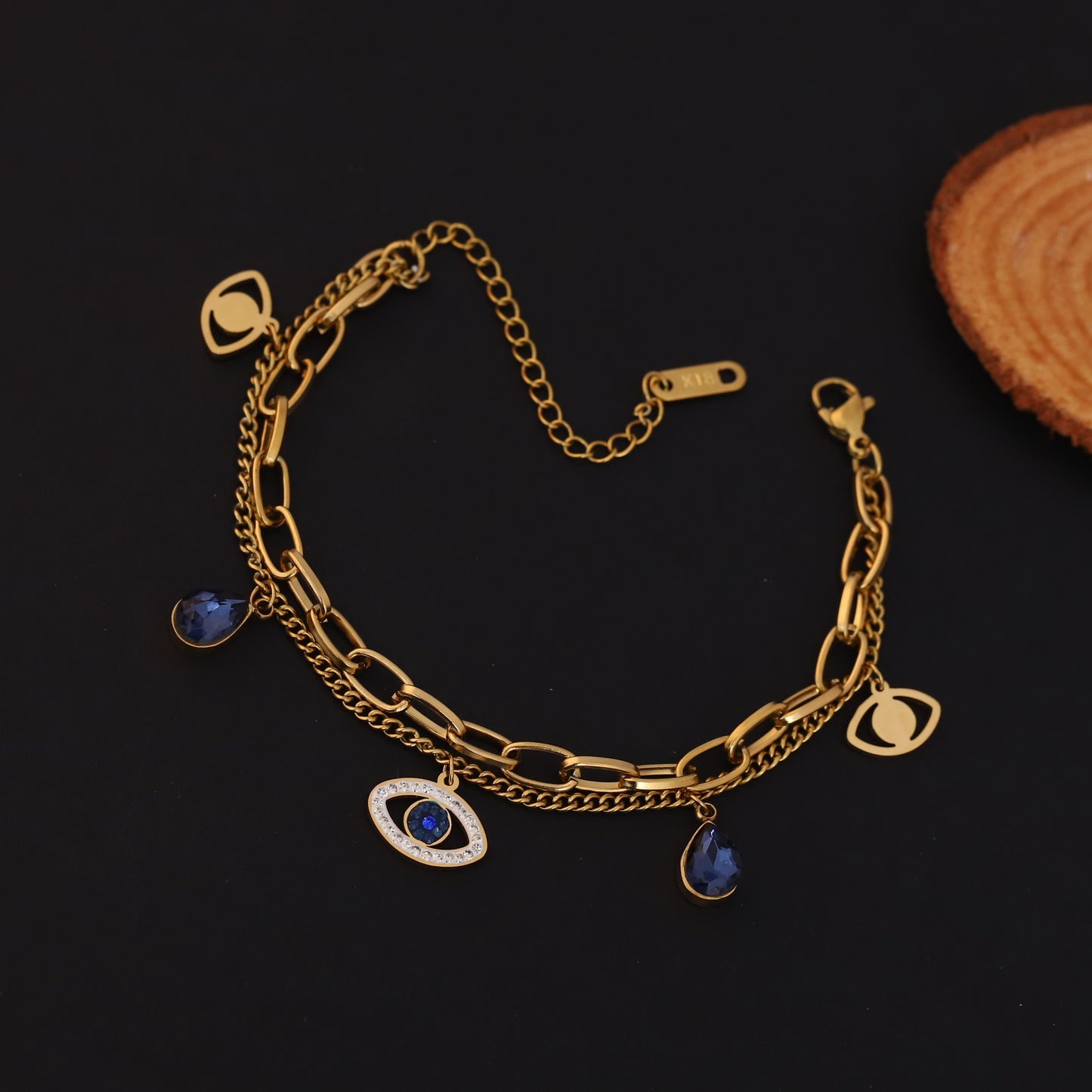 Elora Evil Eye Charm Dual Chain Gold-Plated Bracelet