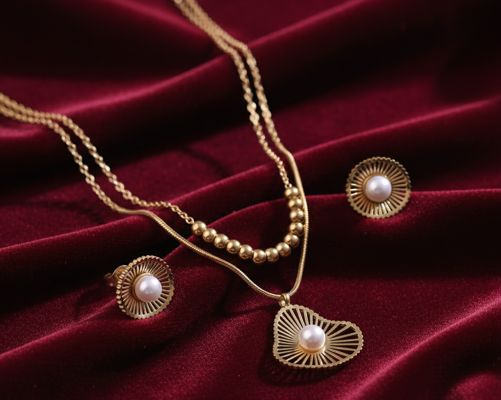 Elora 18k Gold Plated tone Pearl Radiance Layered Necklace set