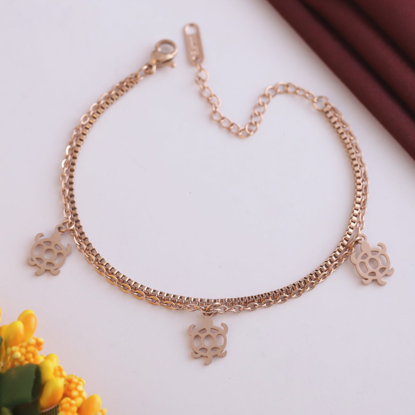 Elora Rose-Gold Turtle Charm Double Chain Bracelet
