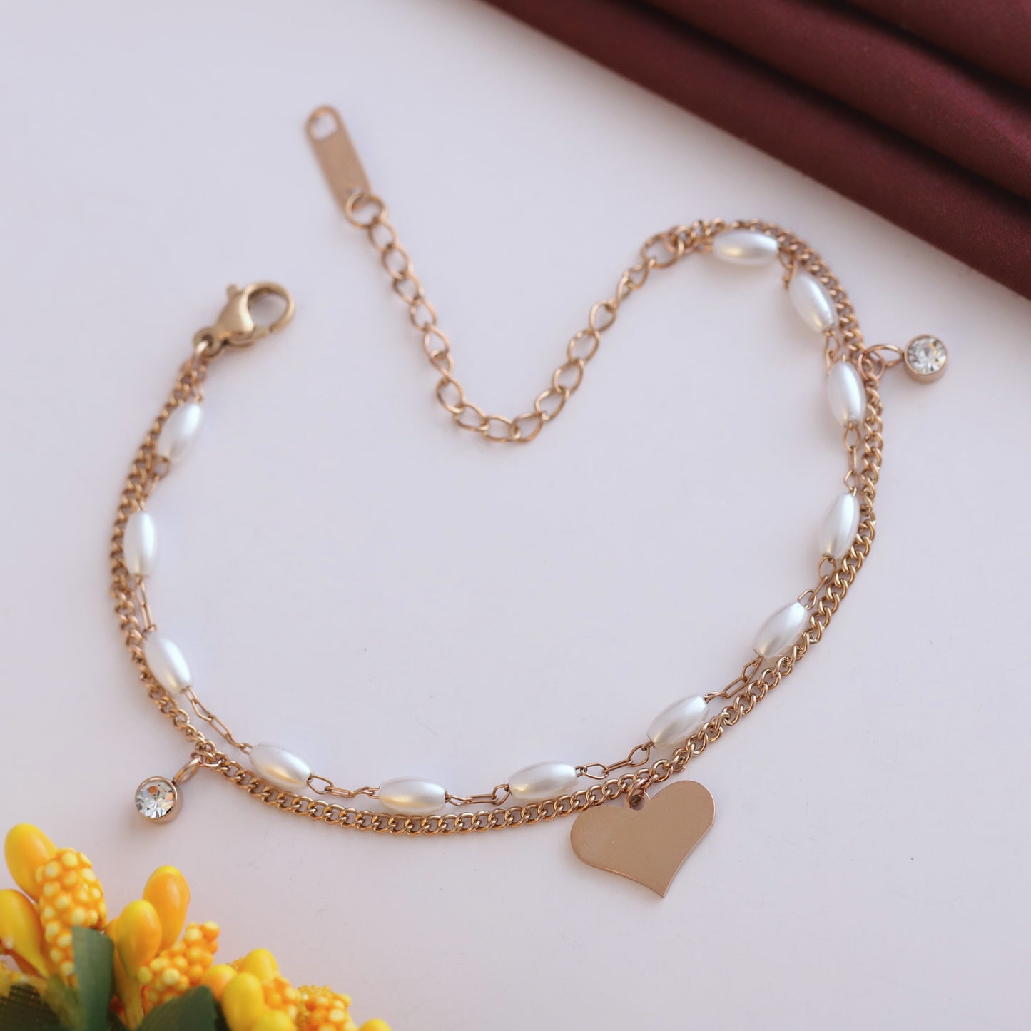 Elora Rose-Gold Heart Charm & Pearl Dual Chain Bracelet